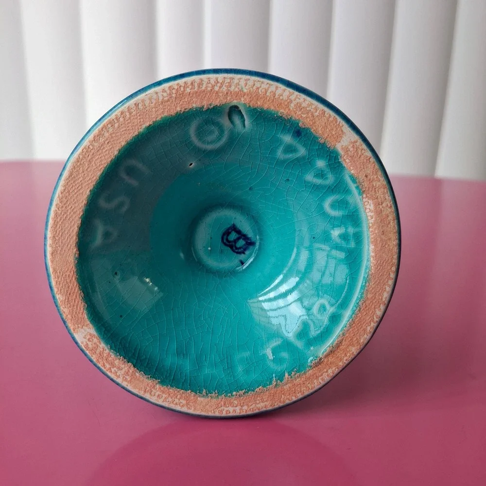 Haeger 4044 USA Mid-Century Modern Turquoise Blue Pedestal Handle Vase